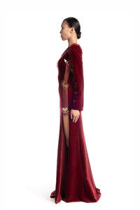 HerTrove-Velvet one-shoulder gown with brass celestial details