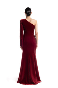 HerTrove-Velvet one-shoulder gown with brass celestial details