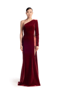 HerTrove-Velvet one-shoulder gown with brass celestial details