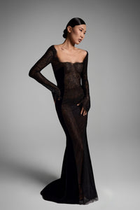 HerTrove-Velvet and lace gown with golden embroidery