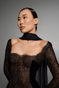 HerTrove-Velvet and lace gown with golden embroidery