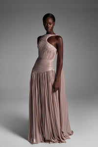 HerTrove-Chiffon one-shoulder gown with moon embellishment