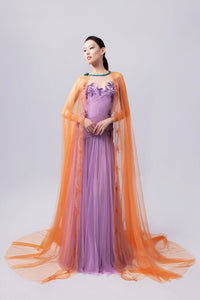 HerTrove-Tulle gown with orange embroidered cape