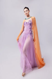 HerTrove-Tulle gown with orange embroidered cape