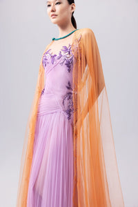HerTrove-Tulle gown with orange embroidered cape