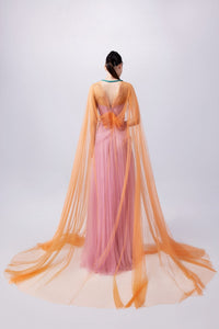 HerTrove-Tulle gown with orange embroidered cape
