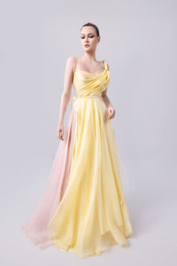 HerTrove-Yellow organza dress with pink drape and braided straps
