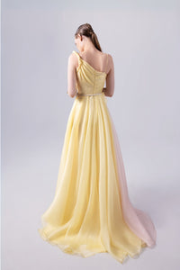 HerTrove-Yellow organza dress with pink drape and braided straps