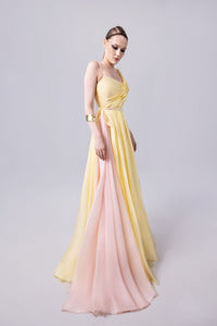 HerTrove-Yellow organza dress with pink drape and braided straps