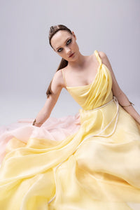 HerTrove-Yellow organza dress with pink drape and braided straps