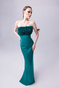 HerTrove-Crepe gown with chiffon flower bust and cape