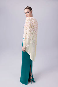 HerTrove-Crepe gown with chiffon flower bust and cape