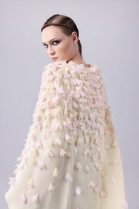 HerTrove-Crepe gown with chiffon flower bust and cape