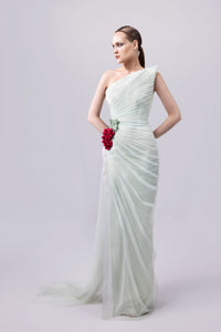 HerTrove-Asymmetrical crepe gown with tulle draping