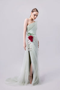 HerTrove-Asymmetrical crepe gown with tulle draping