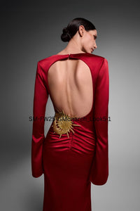 HerTrove-Burgundy mikado dress with celestial appliqué