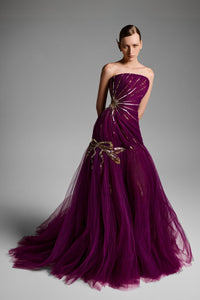 HerTrove-Tulle ballgown with gold embroidery