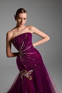 HerTrove-Tulle ballgown with gold embroidery