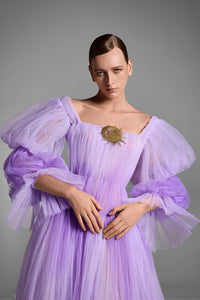 HerTrove-Tulle dress with balloon sleeves and celestial brooch