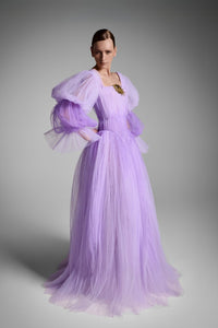 HerTrove-Tulle dress with balloon sleeves and celestial brooch
