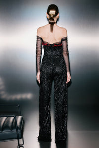HerTrove-Tulle-embellished jumpsuit over red satin