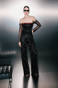 HerTrove-Tulle-embellished jumpsuit over red satin