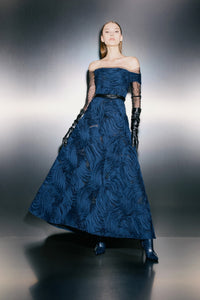 HerTrove-Navy lace A-line with chiffon overlay