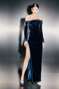 HerTrove-Velvet long dress with high slit
