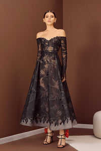 HerTrove-Ankle-length floral lace A-line with sleeves