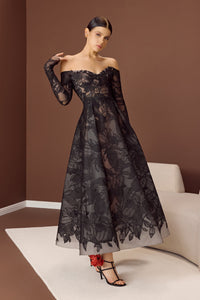 HerTrove-Ankle-length floral lace A-line with sleeves