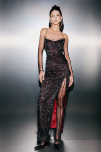 HerTrove-Red satin gown with Chantilly lace