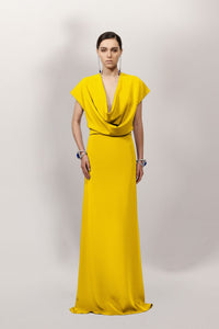 Yellow Structured Shoulders Crepe Dress