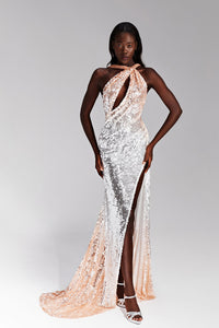 HerTrove-Peach and shimmery fully sequined dress