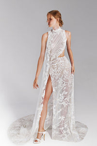 HerTrove-Tulle embroidered high slit dress