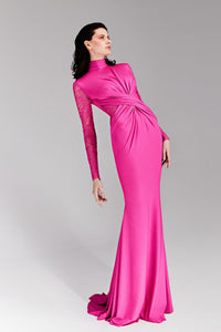 Jersey dress mixed with ton-sur-ton lace FR 52 / Pink Jersey dress mixed with ton-sur-ton lace FR 52 / Pink