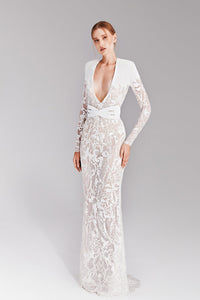 HerTrove-Plunging neckline fully embroidered gown