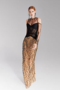HerTrove-Tulle dress beaded with black and gold fringes