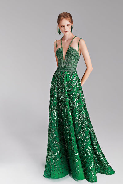 Fully Embroidered Sleeveless Gown FR 50 / Green