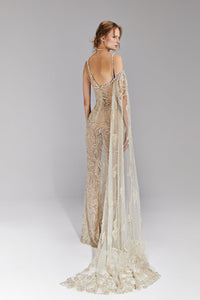HerTrove-Embellished tulle dress with one sided cape
