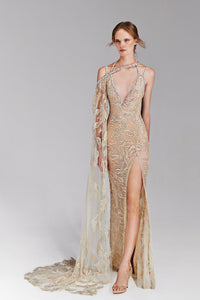 HerTrove-Embellished tulle dress with one sided cape