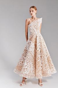 HerTrove-Threads of white contrasted on a nude midi dress