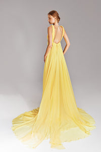 HerTrove-Pleated chiffon dress with lines of embroidery