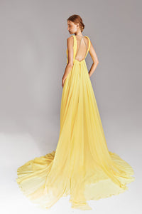 Pleated Chiffon Dress with Lines of Embroidery FR 42 / Yellow Pleated Chiffon Dress with Lines of Embroidery FR 42 / Yellow