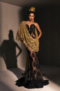 HerTrove-Embroidered lace gown with shawl