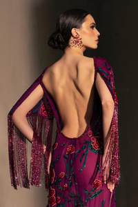 HerTrove-Floral embroidered tassel sleeves gown