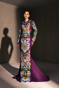 HerTrove-Long sleeves pattern embroidered gown
