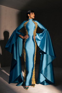 HerTrove-Floor length sleeves embroidered satin dress