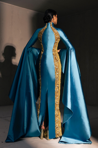 HerTrove-Floor length sleeves embroidered satin dress