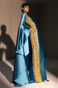HerTrove-Floor length sleeves embroidered satin dress