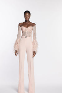 Fully beaded feathered top with crepe pants - HerTrove
